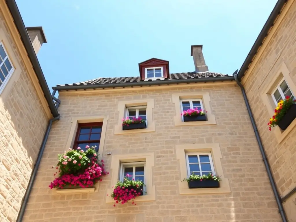 A beautifully restored stone building in Crocq, showcasing traditional architecture with vibrant flowers in window boxes, under a clear blue sky. This image represents the association's commitment to preserving local historical sites.