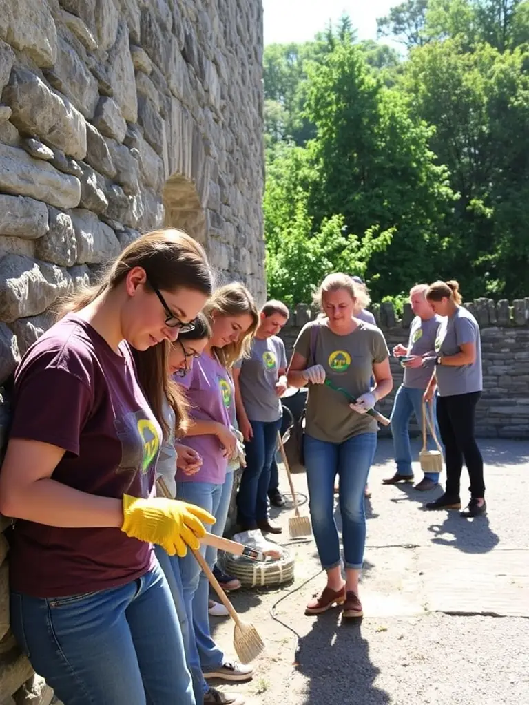 A photograph of volunteers cleaning and restoring an old stone wall in Crocq, showcasing the hands-on preservation work undertaken by the association.