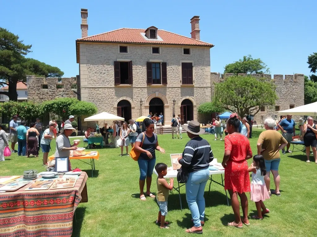 A vibrant scene of local artisans demonstrating traditional crafts at a community event in Crocq, with participants of all ages engaging in hands-on activities. This image highlights the association's efforts to promote cultural education and community involvement.