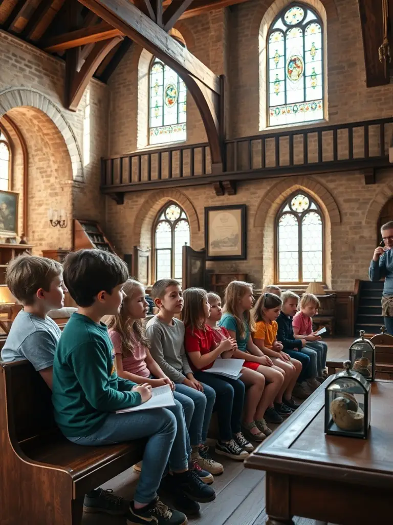 A photo showing children participating in a heritage education program, learning about local history and cultural traditions through interactive activities.