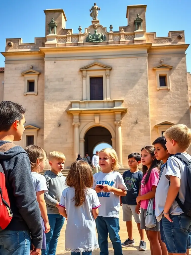 A group of children participating in a guided tour of a historical site in Crocq, led by a member of the association.