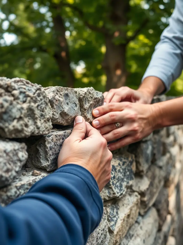 A photograph depicting volunteers cleaning and restoring an old stone wall in Crocq, showcasing the hands-on preservation work undertaken by the association.