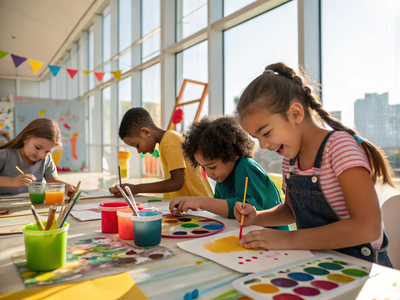 A vibrant image showing children participating in a cultural education workshop organized by ASS SAUVEGARDE VIEUX CROCQ ENVIRONNEMENT. The children are engaged in a hands-on activity, such as painting or crafting, related to local heritage.