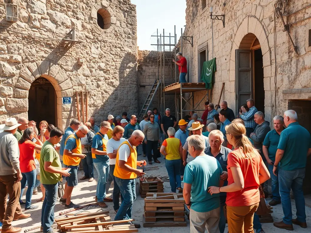 A group of volunteers participating in a guided tour of a historical site in Crocq, led by a knowledgeable local historian. The scene captures the essence of cultural education and community engagement.