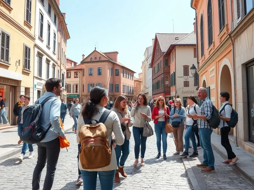 A photograph capturing a group of local residents participating in a guided tour of a historical site in Crocq, led by a knowledgeable member of ASS SAUVEGARDE VIEUX CROCQ ENVIRONNEMENT. The image should convey a sense of community engagement and appreciation for local history.